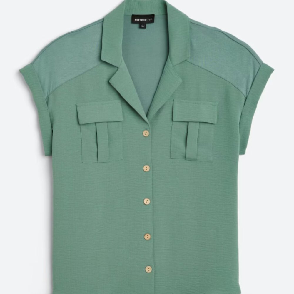 Fortune + Ivy Marla Two Pocket Button Down Blouse, Green, XL